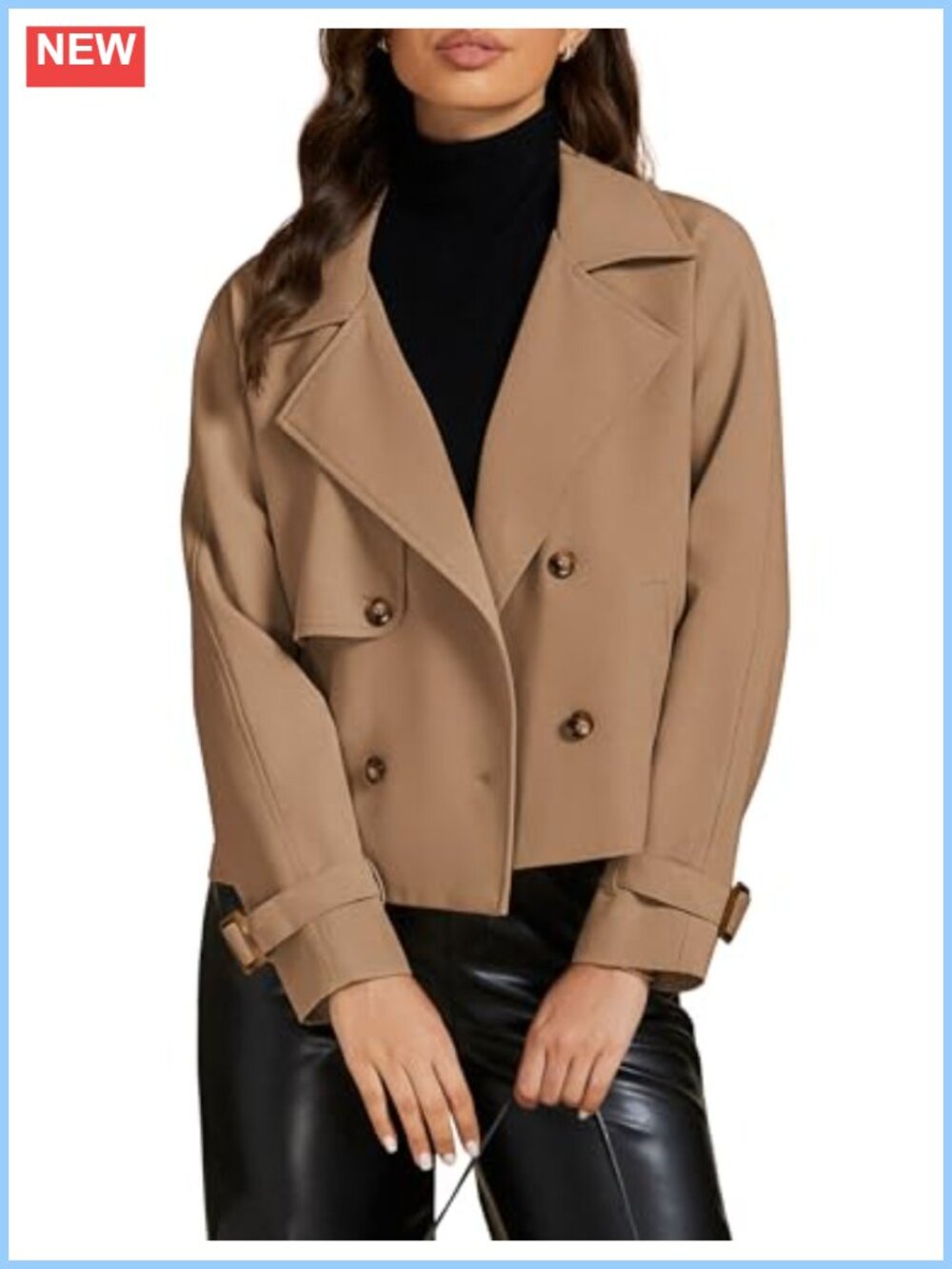 Cropped Trench Coat Women Double Breasted Notched Lapel Loose Fit Long Sleeve